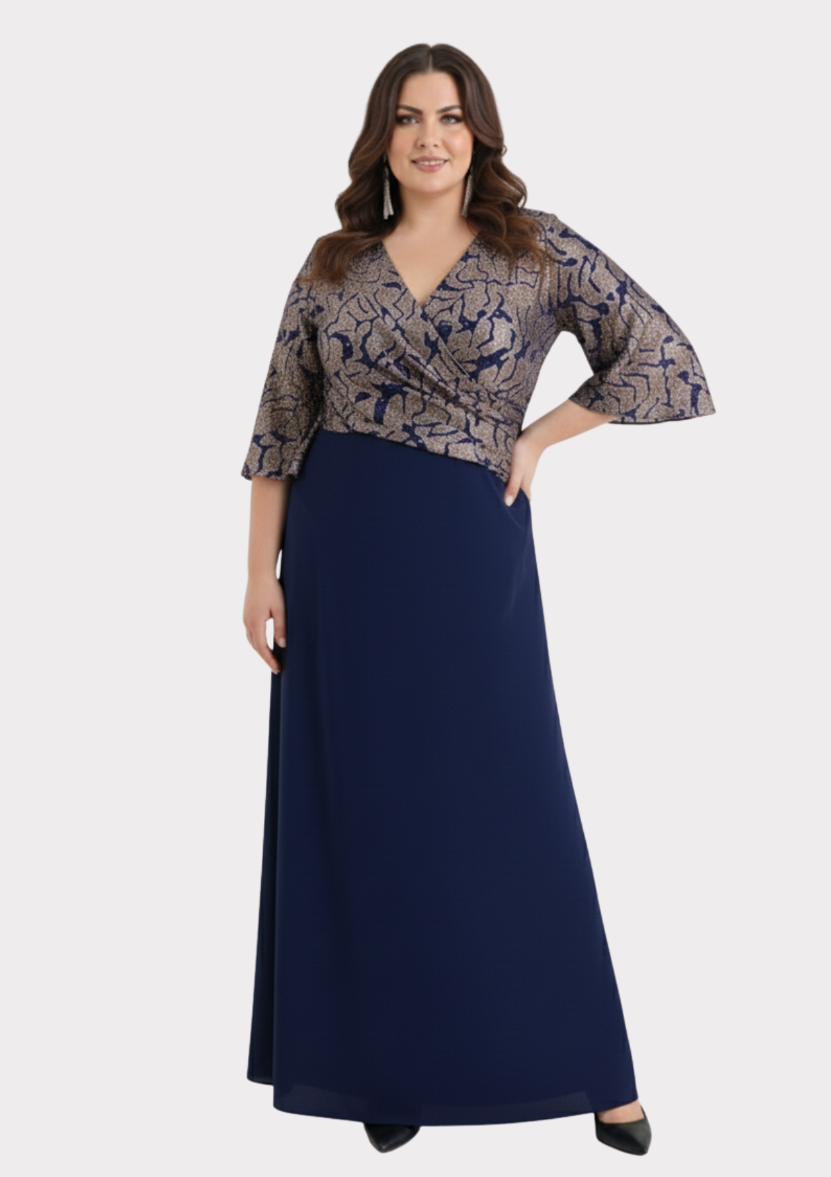 Büyük Beden Lacivert Renkli Kruvaze Yaka Kısa Kollu Uzun Abiye Elbise