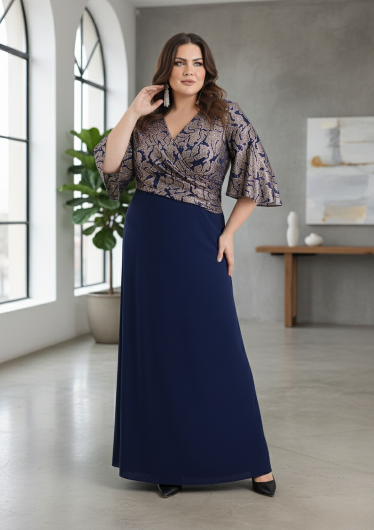 Büyük Beden Lacivert Renkli Kruvaze Yaka Kısa Kollu Uzun Abiye Elbise