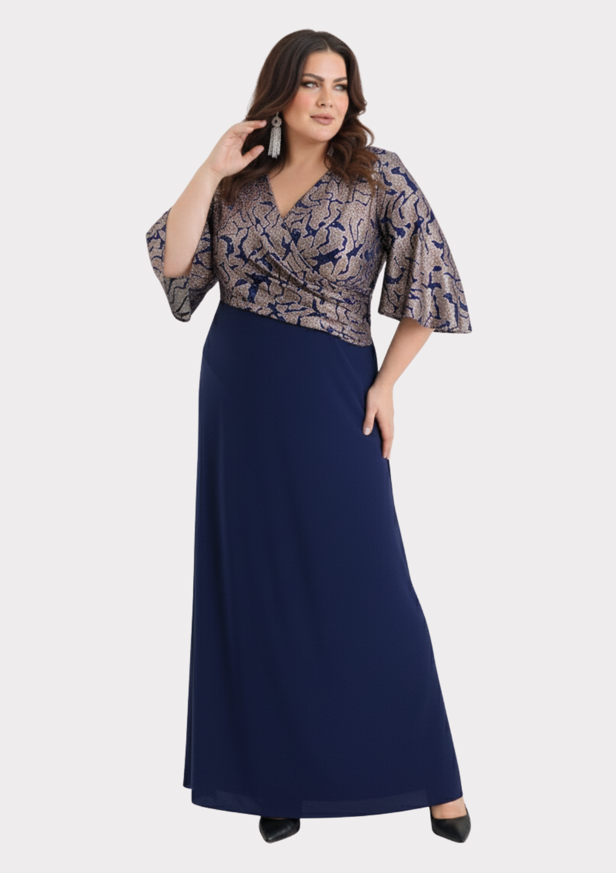 Büyük Beden Lacivert Renkli Kruvaze Yaka Kısa Kollu Uzun Abiye Elbise