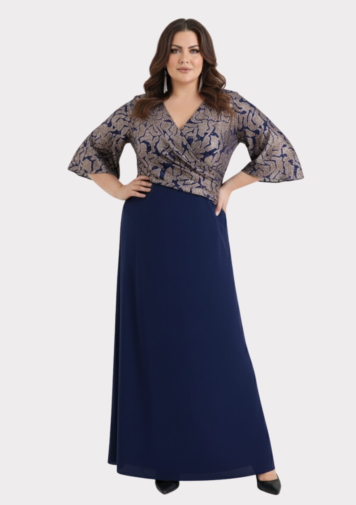 Büyük Beden Lacivert Renkli Kruvaze Yaka Kısa Kollu Uzun Abiye Elbise