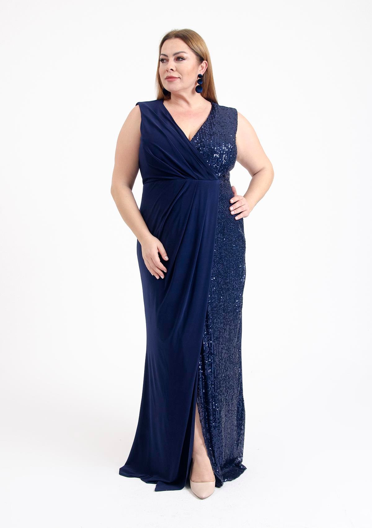 Büyük Beden Lacivert Renkli Kruvaze Yaka Likralı Pul Payetli Abiye Elbise