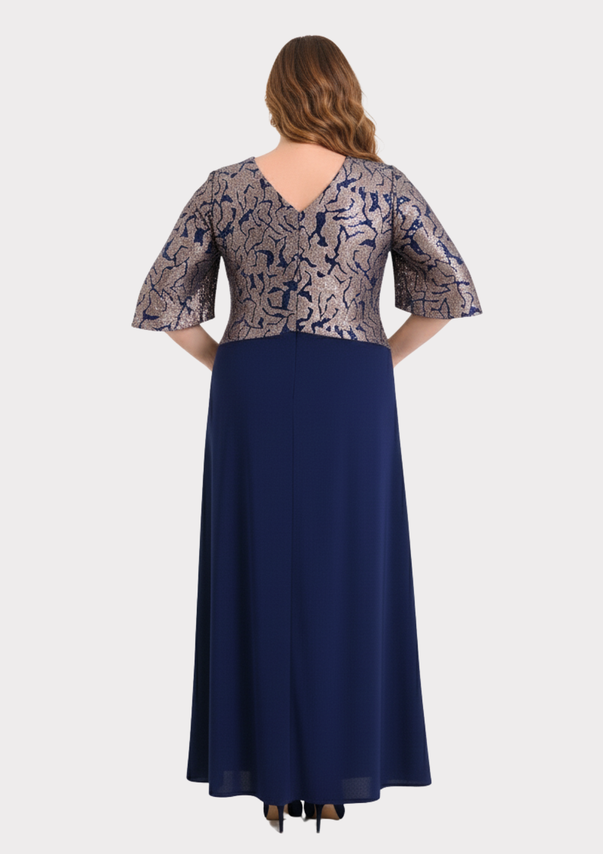 Büyük Beden Lacivert Renkli Kruvaze Yaka Kısa Kollu Uzun Abiye Elbise