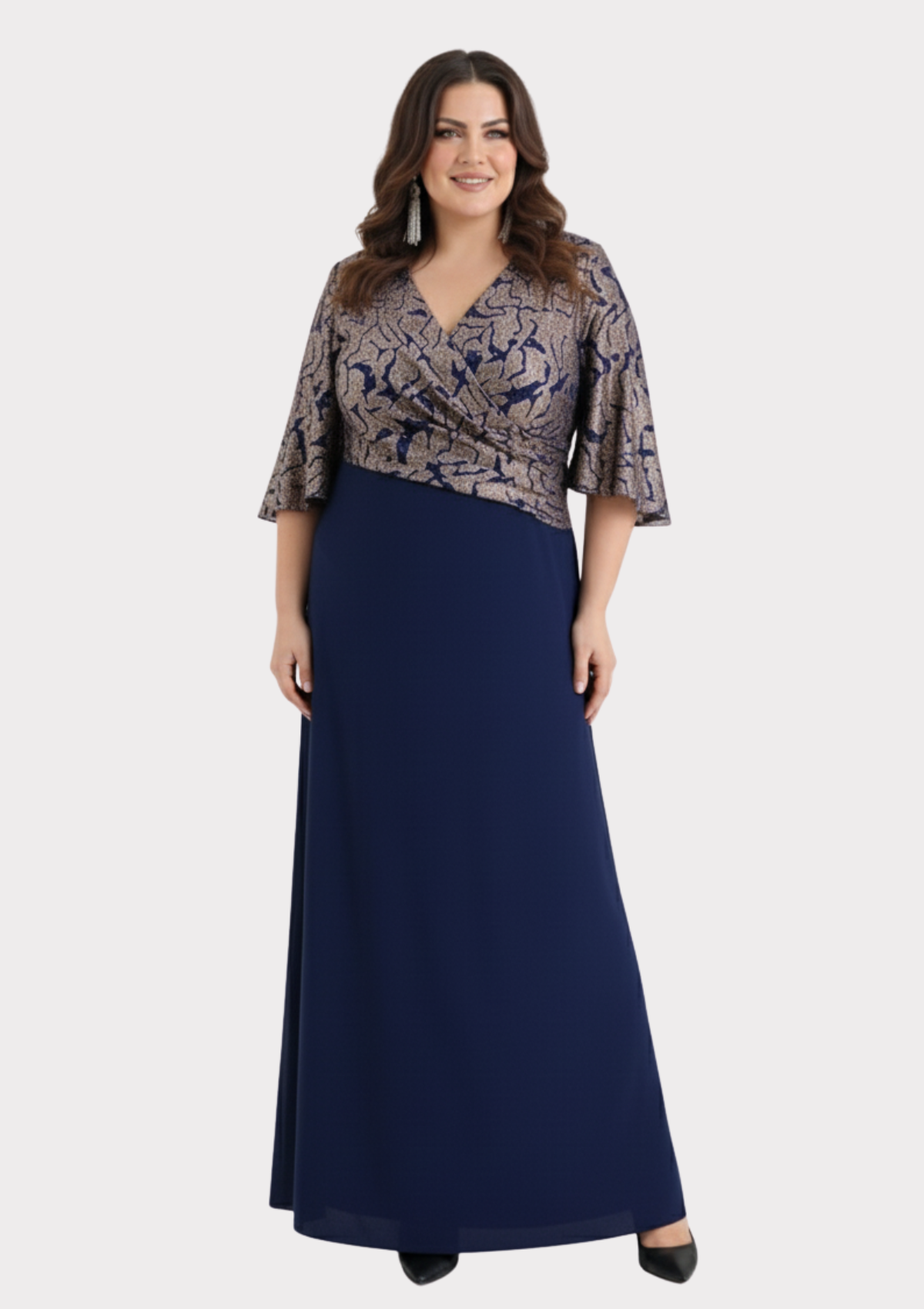 Büyük Beden Lacivert Renkli Kruvaze Yaka Kısa Kollu Uzun Abiye Elbise