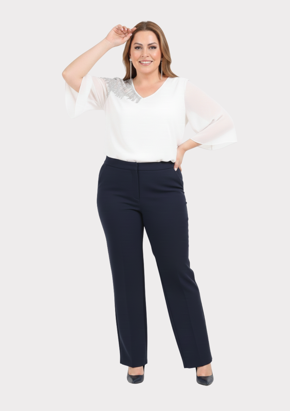 Büyük Beden Lacivert Renkli Kumaş Beli Lastikli Dökümlü Pantolon