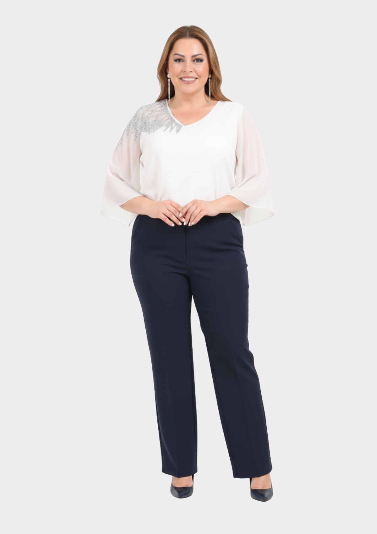 Büyük Beden Lacivert Renkli Kumaş Beli Lastikli Dökümlü Pantolon