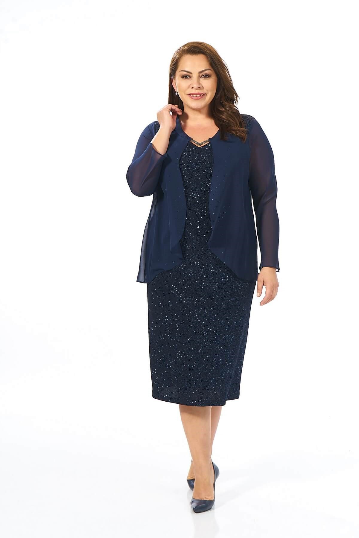 Büyük Beden Lacivert Renkli Likralı Simli Abiye Elbise