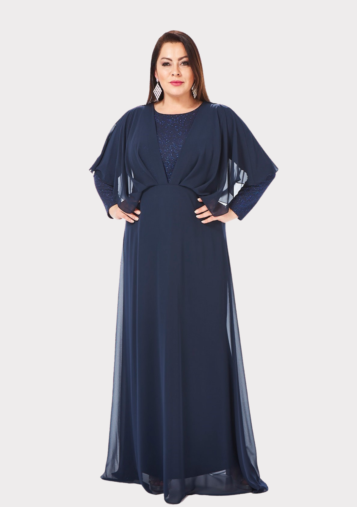 Büyük Beden Lacivert Renkli Likralı Simli Abiye Elbise