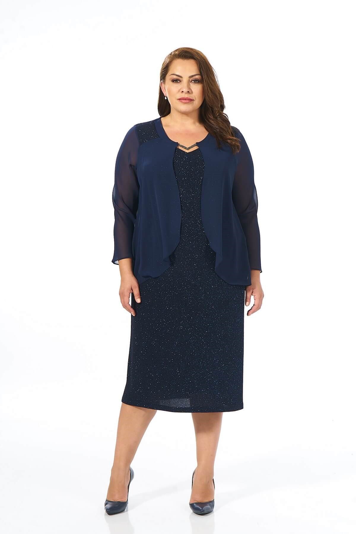 Büyük Beden Lacivert Renkli Likralı Simli Abiye Elbise