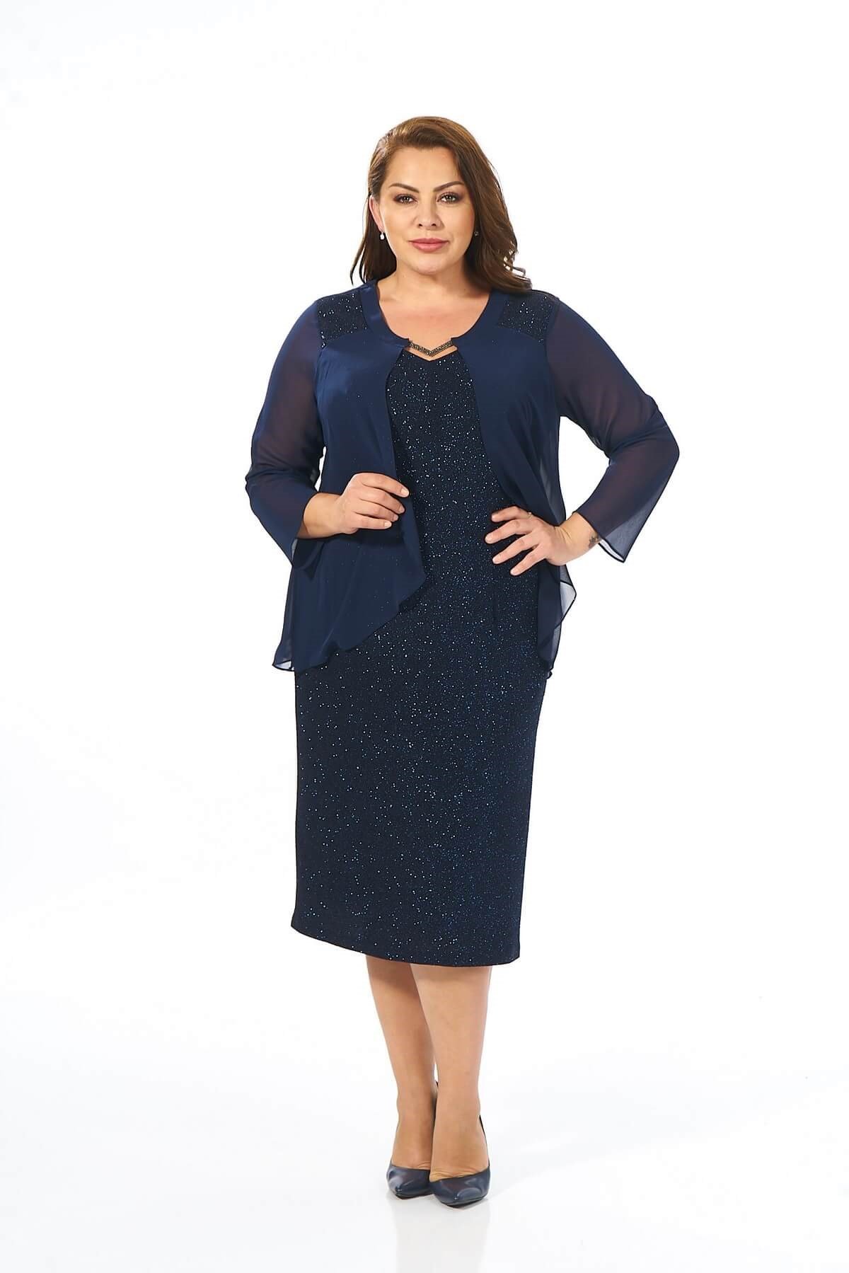 Büyük Beden Lacivert Renkli Likralı Simli Abiye Elbise