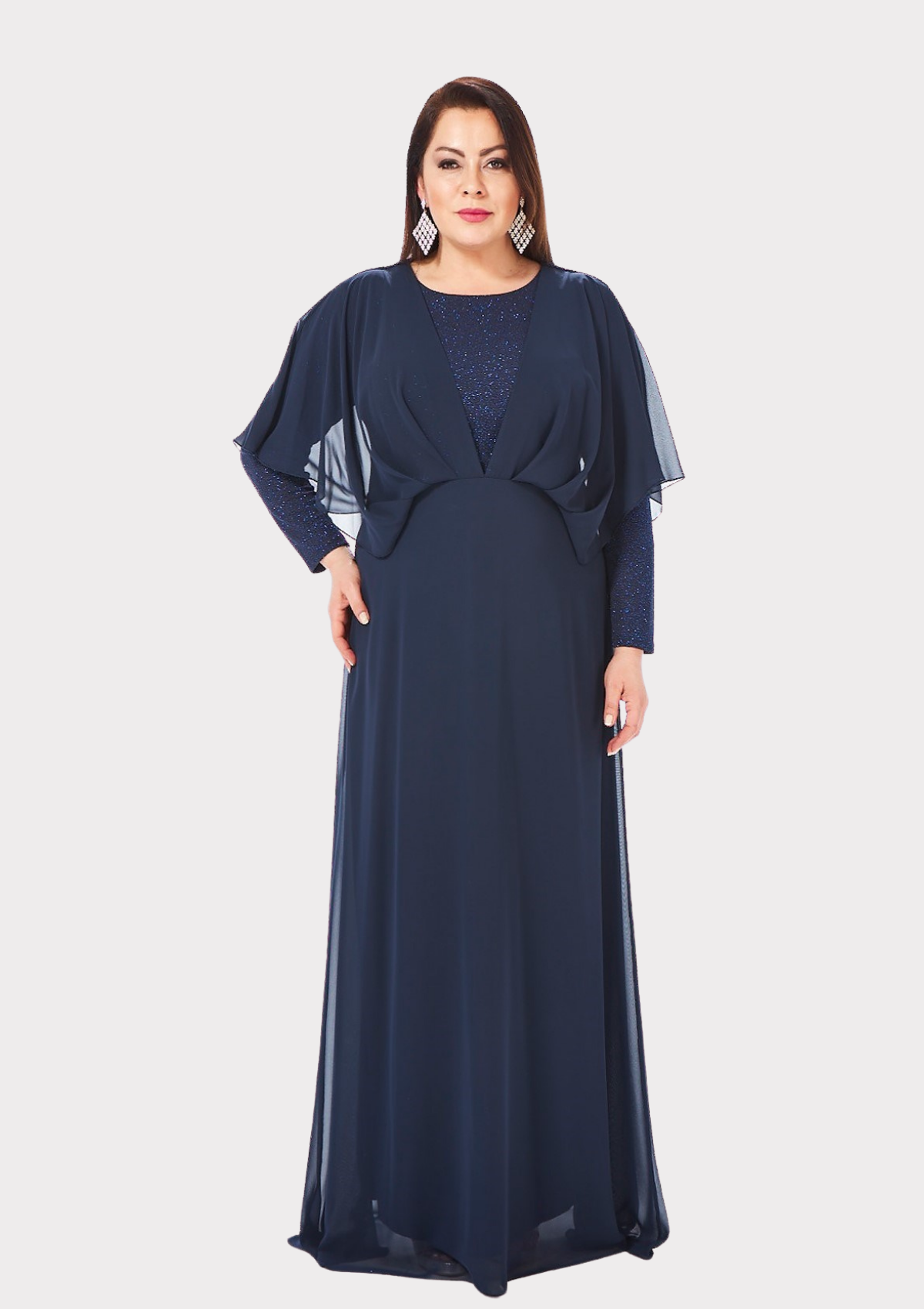 Büyük Beden Lacivert Renkli Likralı Simli Abiye Elbise