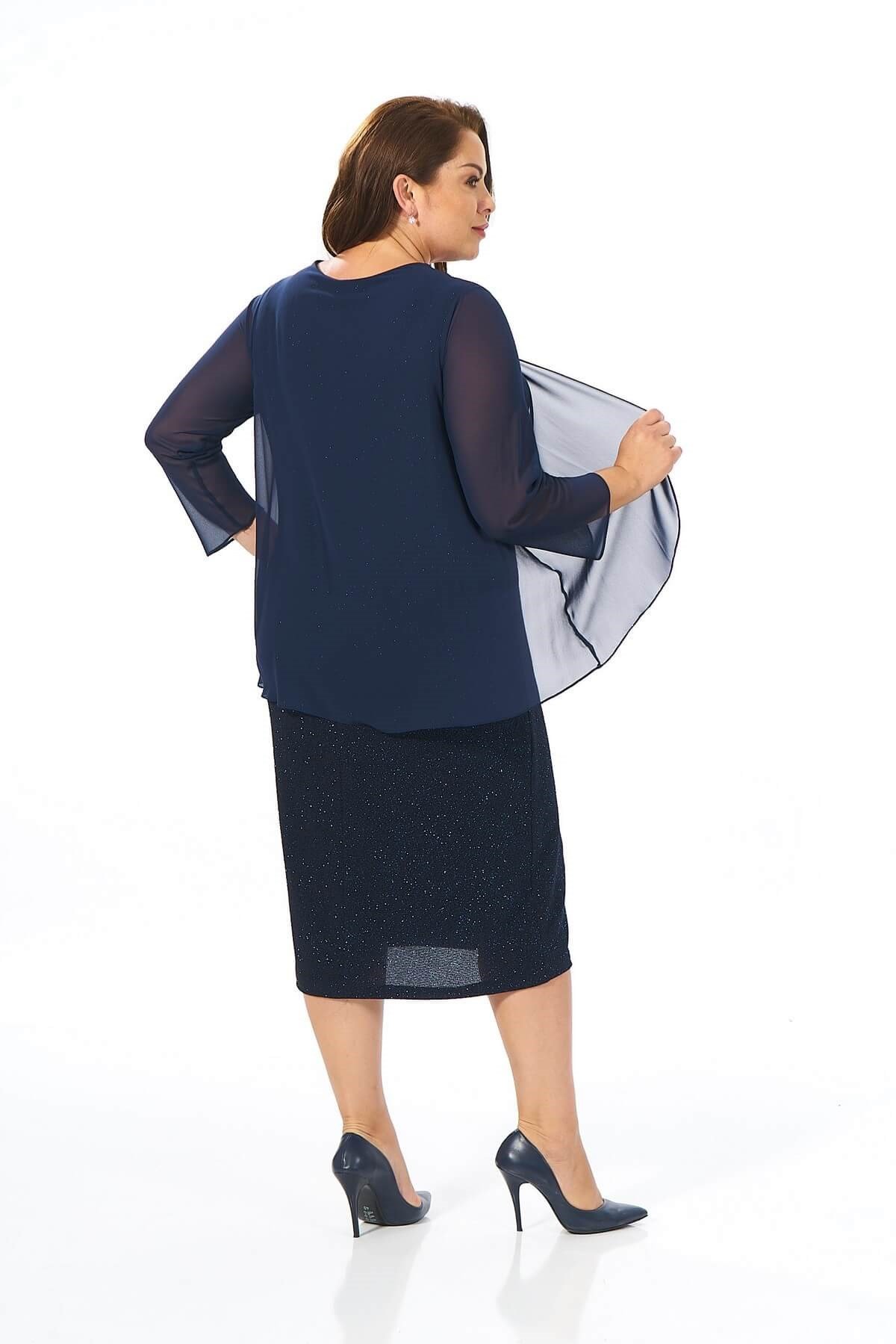 Büyük Beden Lacivert Renkli Likralı Simli Abiye Elbise