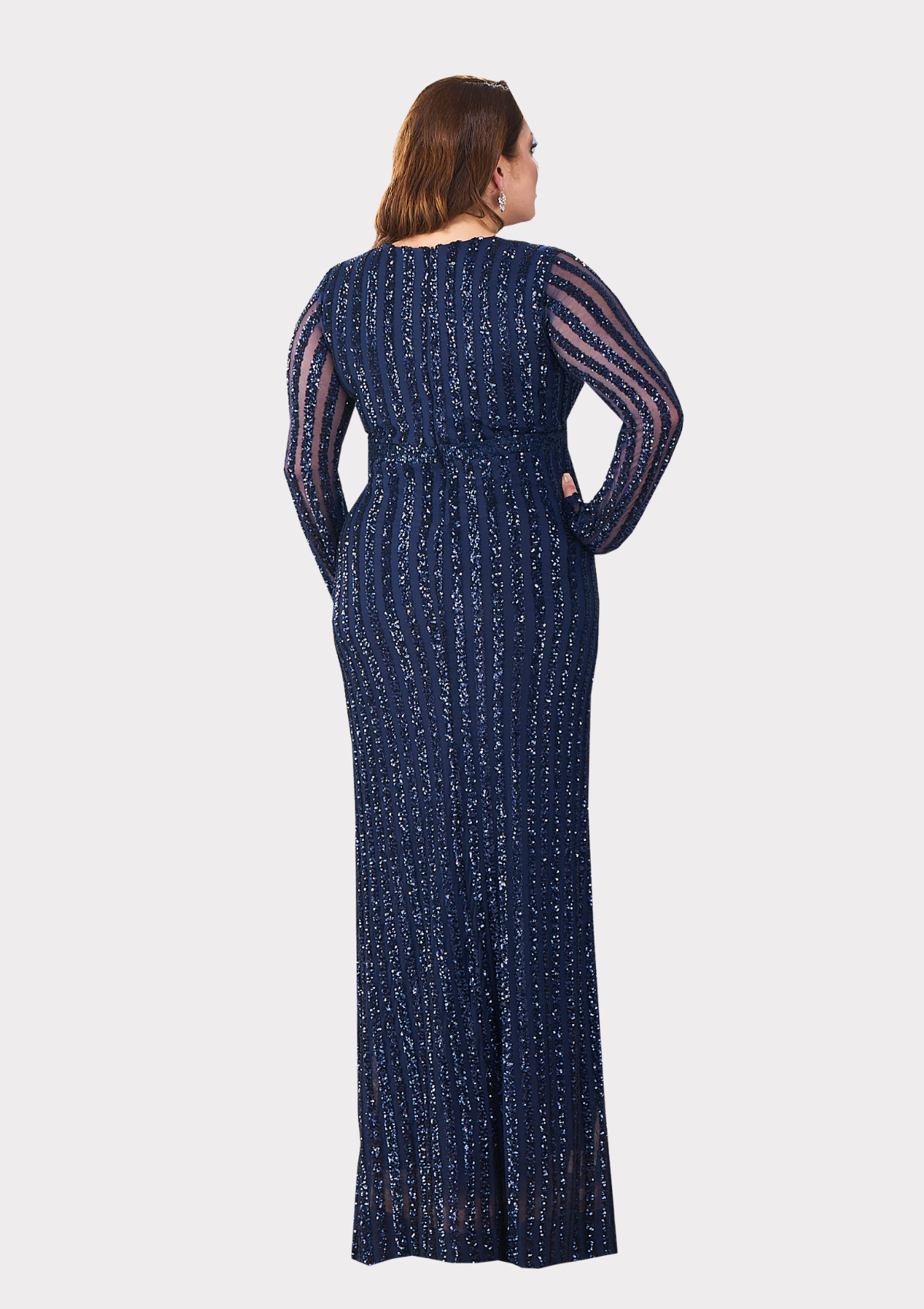 Büyük Beden Lacivert Renkli Payetli Likralı Uzun Abiye