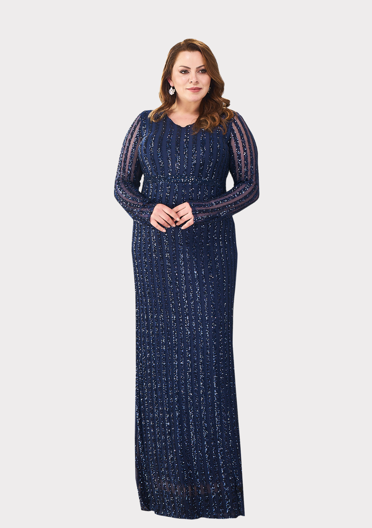 Büyük Beden Lacivert Renkli Payetli Likralı Uzun Abiye