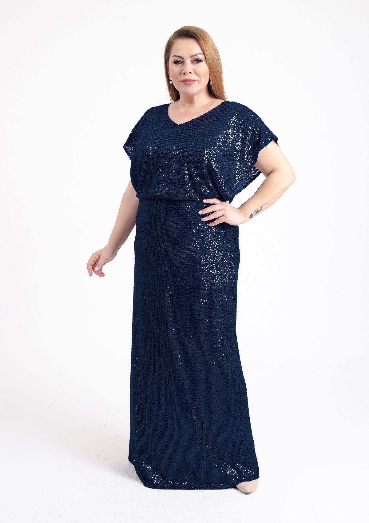 Büyük Beden Lacivert Renkli Pul Payetli Uzun Abiye Elbise