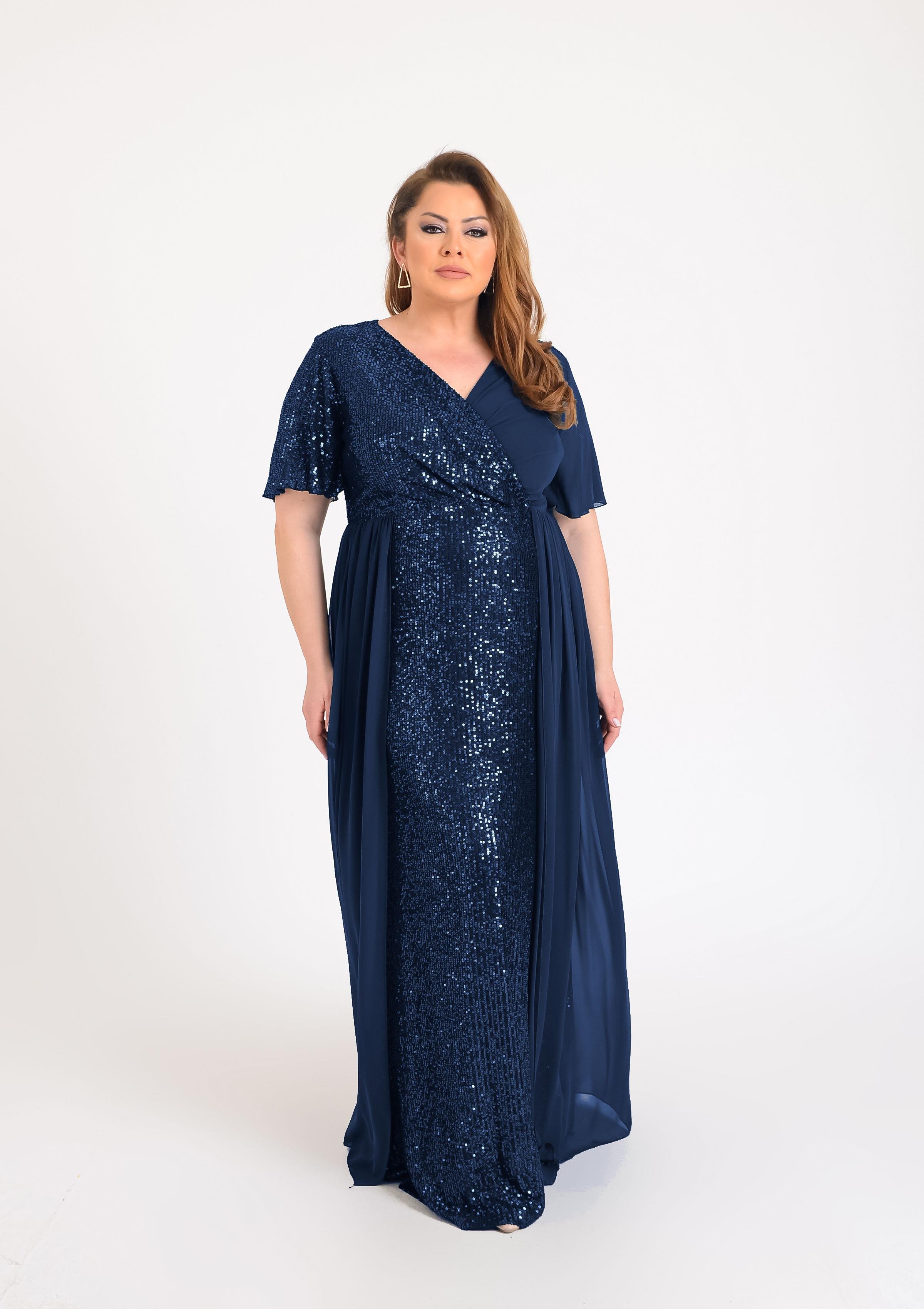 Büyük Beden Lacivert Renkli Pul Payetli Uzun Abiye Elbise