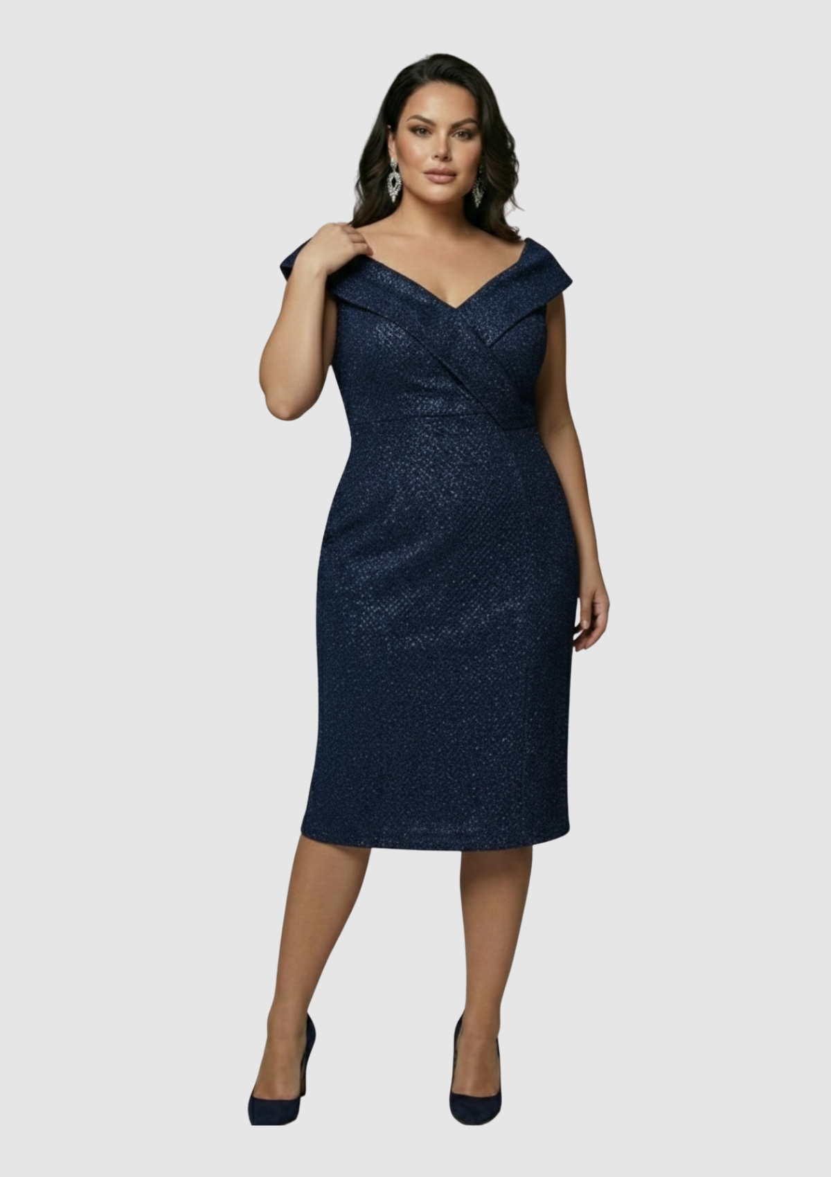 Büyük Beden Lacivert Renkli Pul Payetli Petek Tül Kısa Abiye Elbise