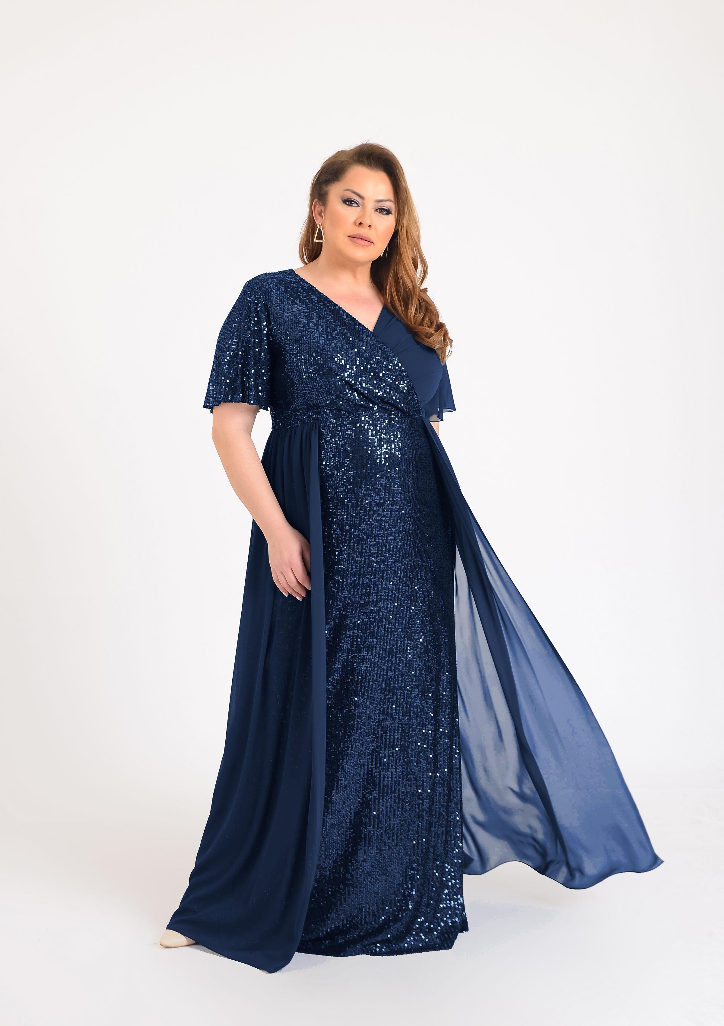 Büyük Beden Lacivert Renkli Pul Payetli Uzun Abiye Elbise