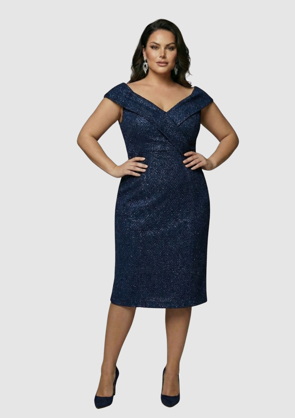 Büyük Beden Lacivert Renkli Pul Payetli Petek Tül Kısa Abiye Elbise