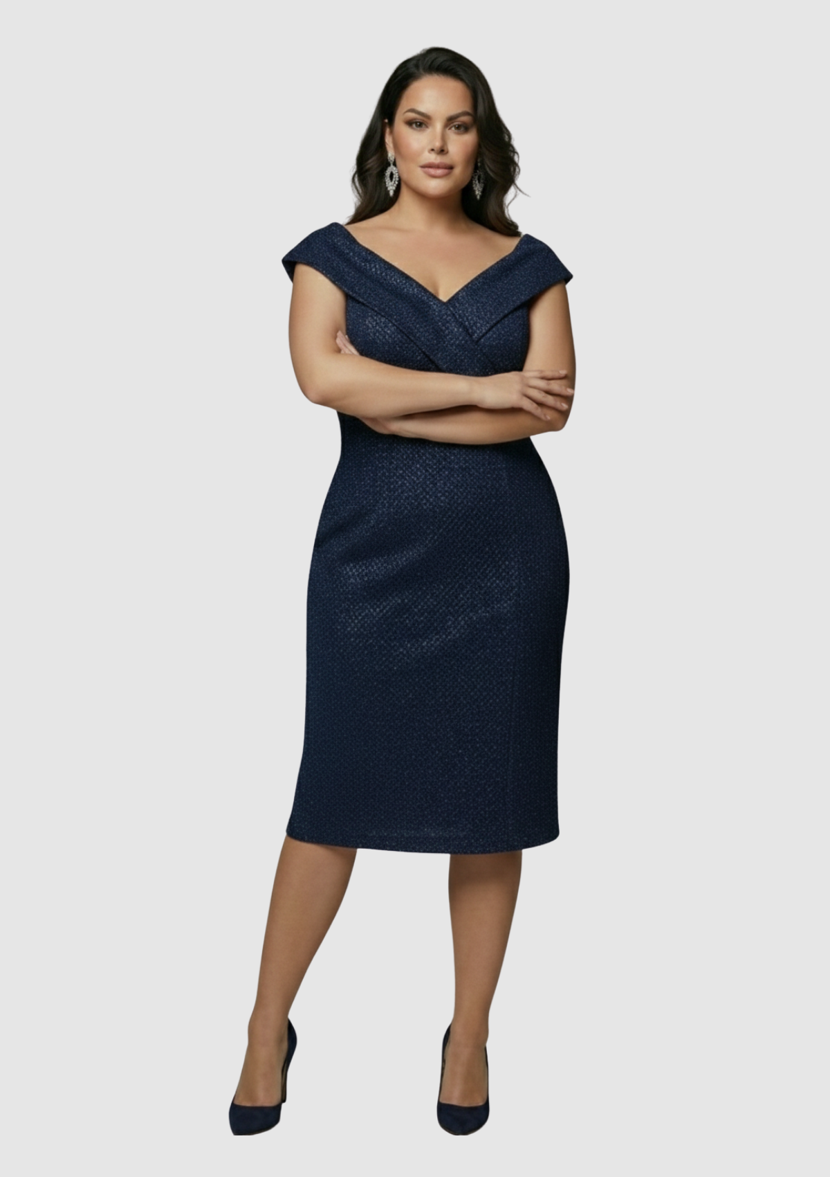 Büyük Beden Lacivert Renkli Pul Payetli Petek Tül Kısa Abiye Elbise