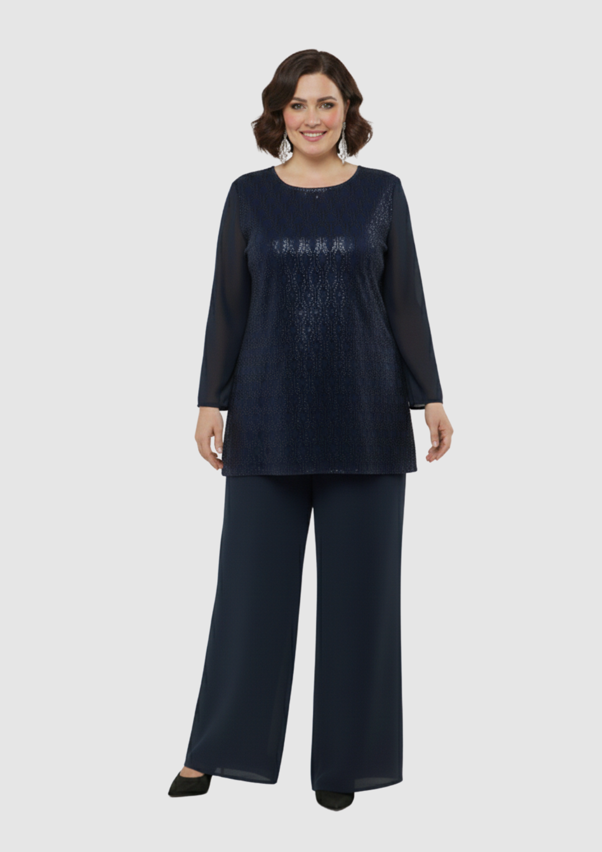 Büyük Beden Lacivert Renkli Şifon Abiye Pantolon Bluz Takım