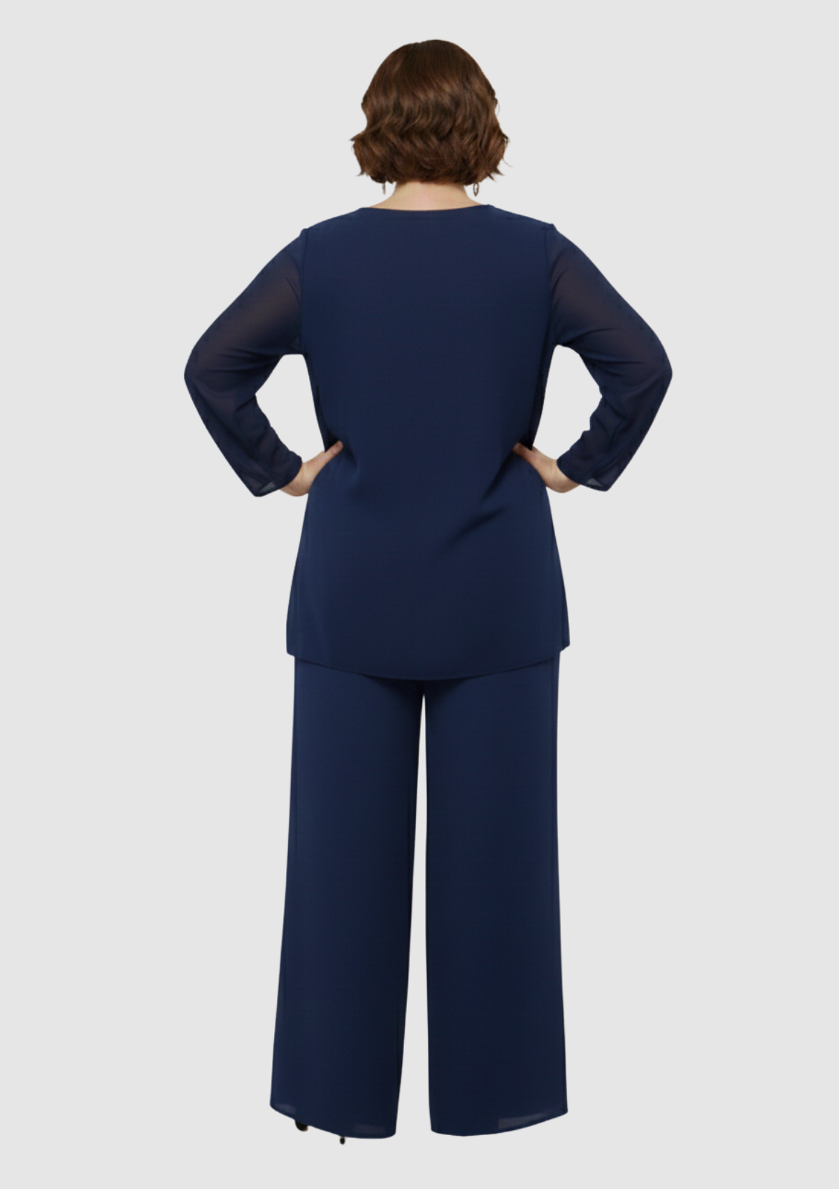 Büyük Beden Lacivert Renkli Şifon Abiye Pantolon Bluz Takım