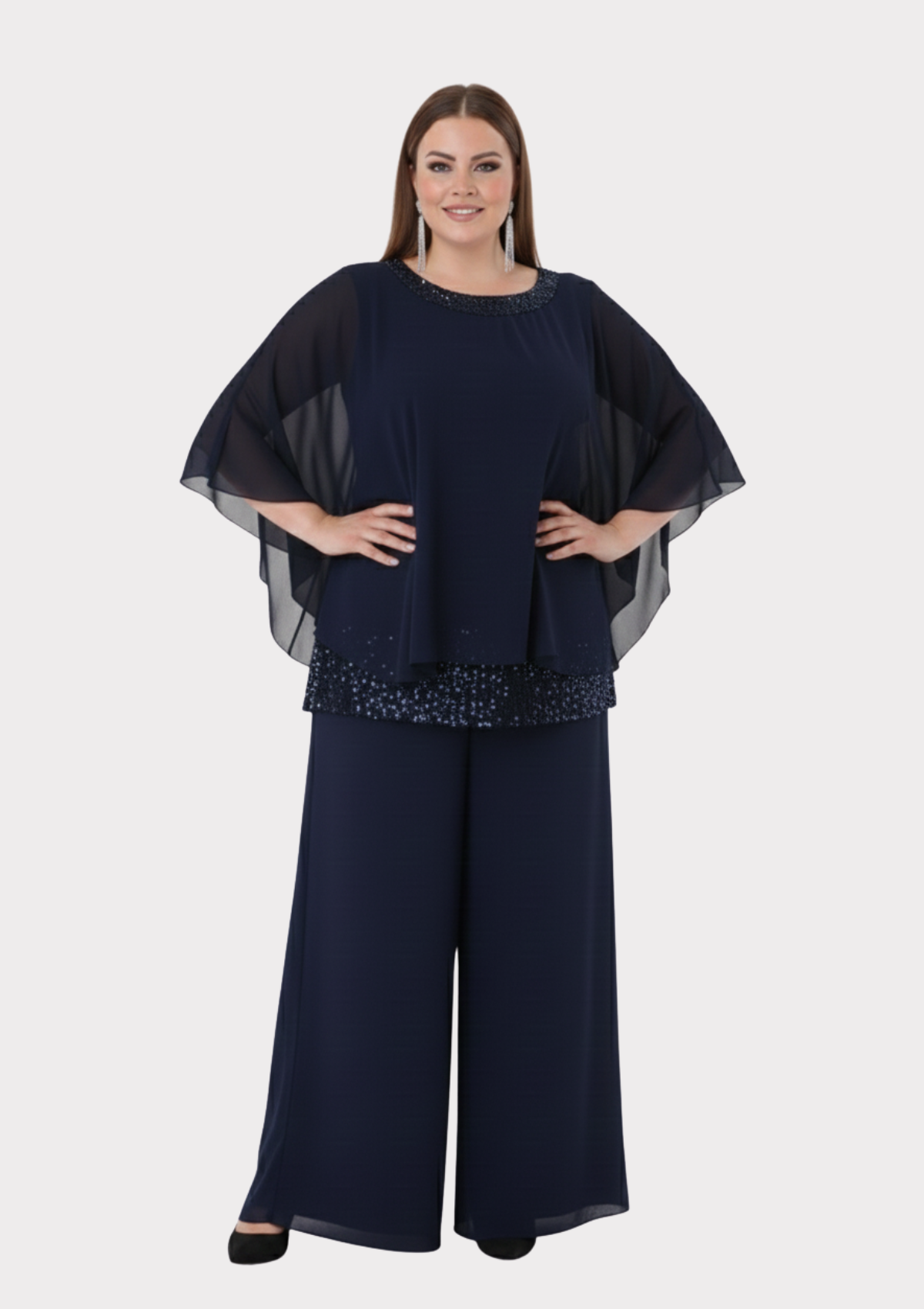 Büyük Beden Lacivert Renkli Şifon Abiye Pantolon Bluz Takım