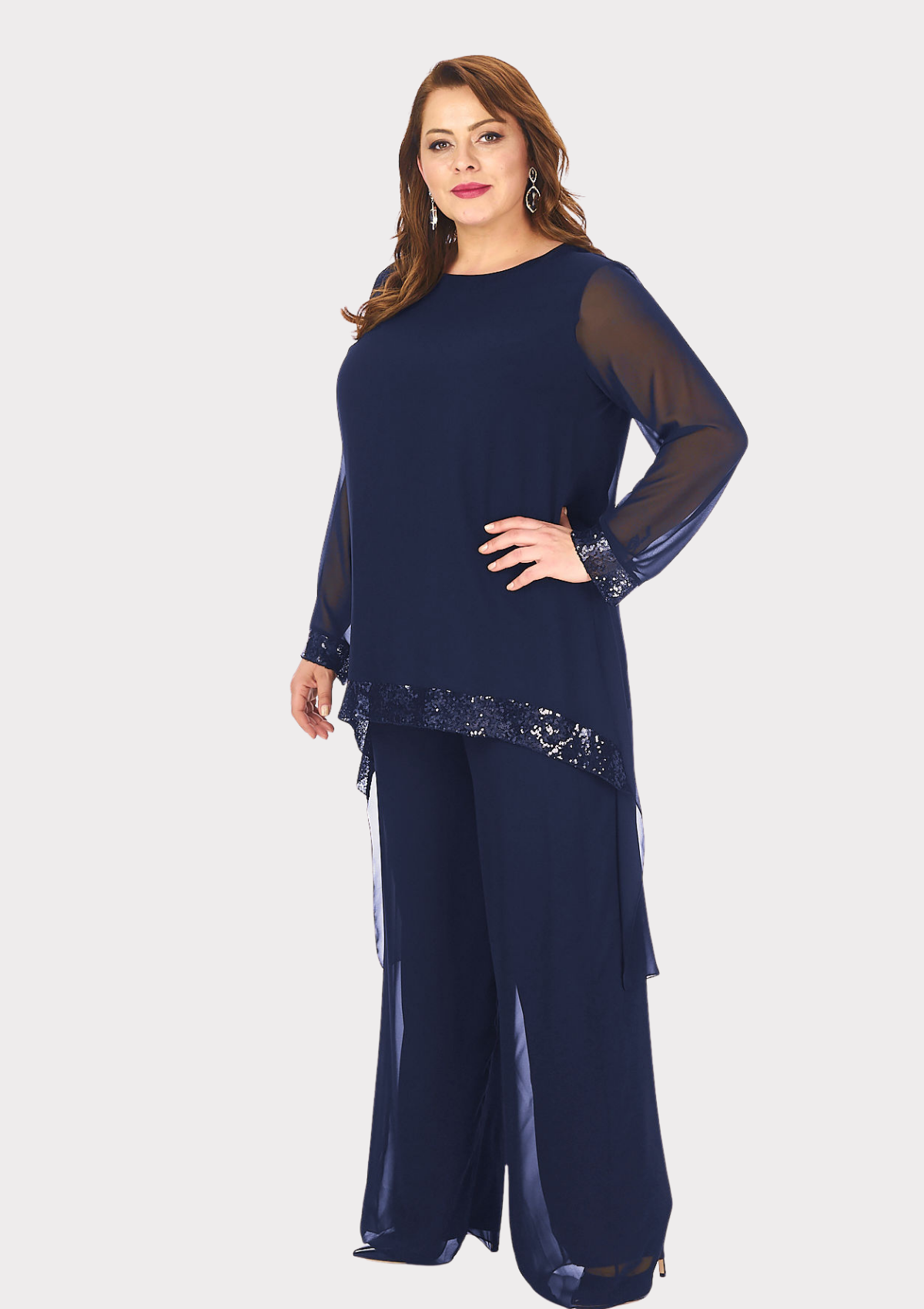 Büyük Beden Lacivert Renkli Şifon Abiye Pantolon Bluz Takım