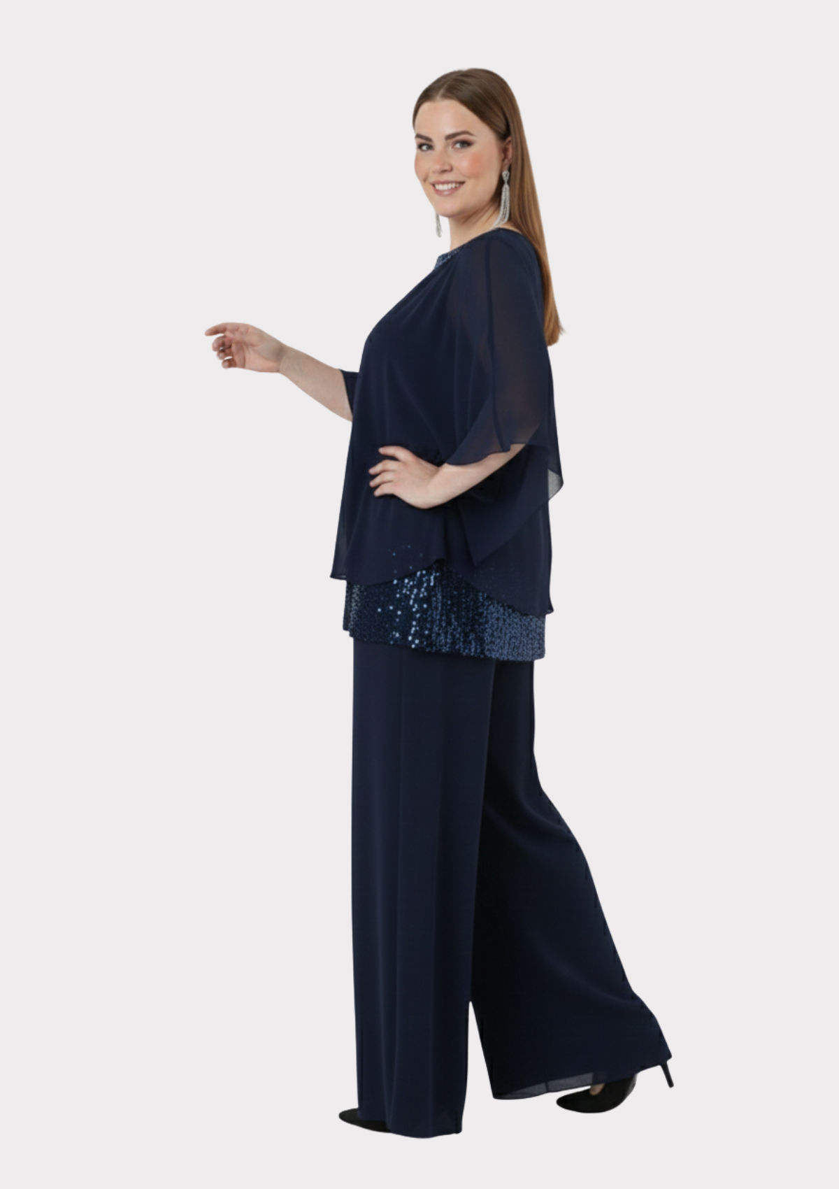 Büyük Beden Lacivert Renkli Şifon Abiye Pantolon Bluz Takım