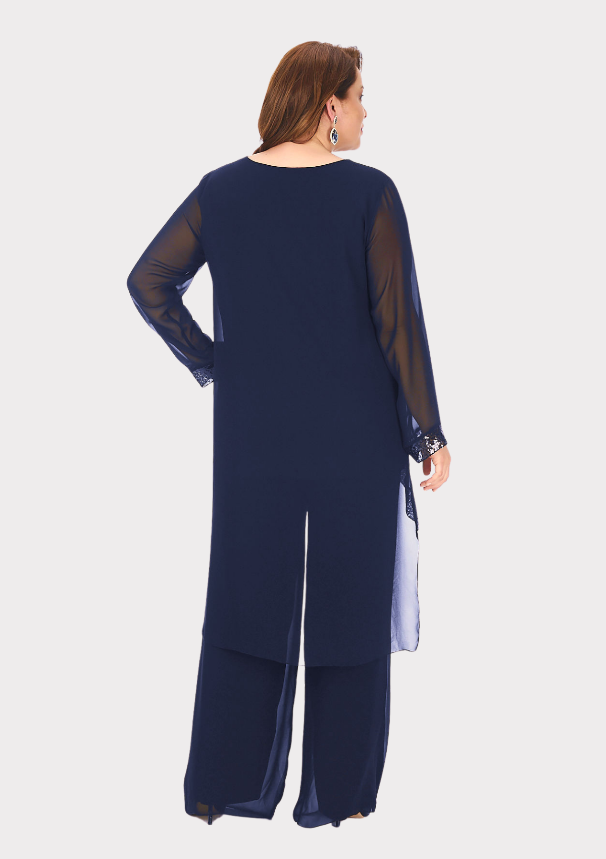 Büyük Beden Lacivert Renkli Şifon Abiye Pantolon Bluz Takım