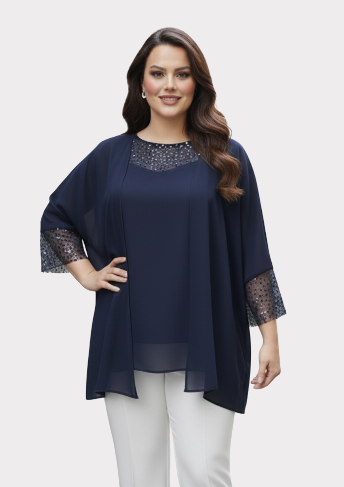 Büyük Beden Lacivert Renkli Şifon Ceketli Abiye Bluz
