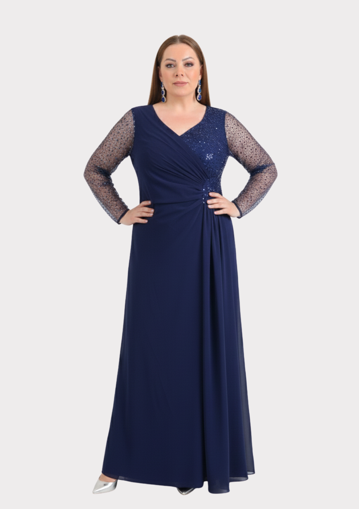 Büyük Beden Lacivert Renkli Şifon Uzun Abiye Elbise