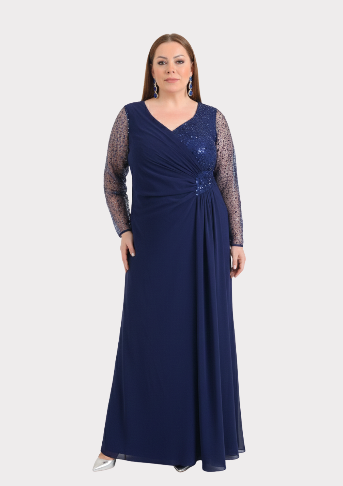 Büyük Beden Lacivert Renkli Şifon Uzun Abiye Elbise