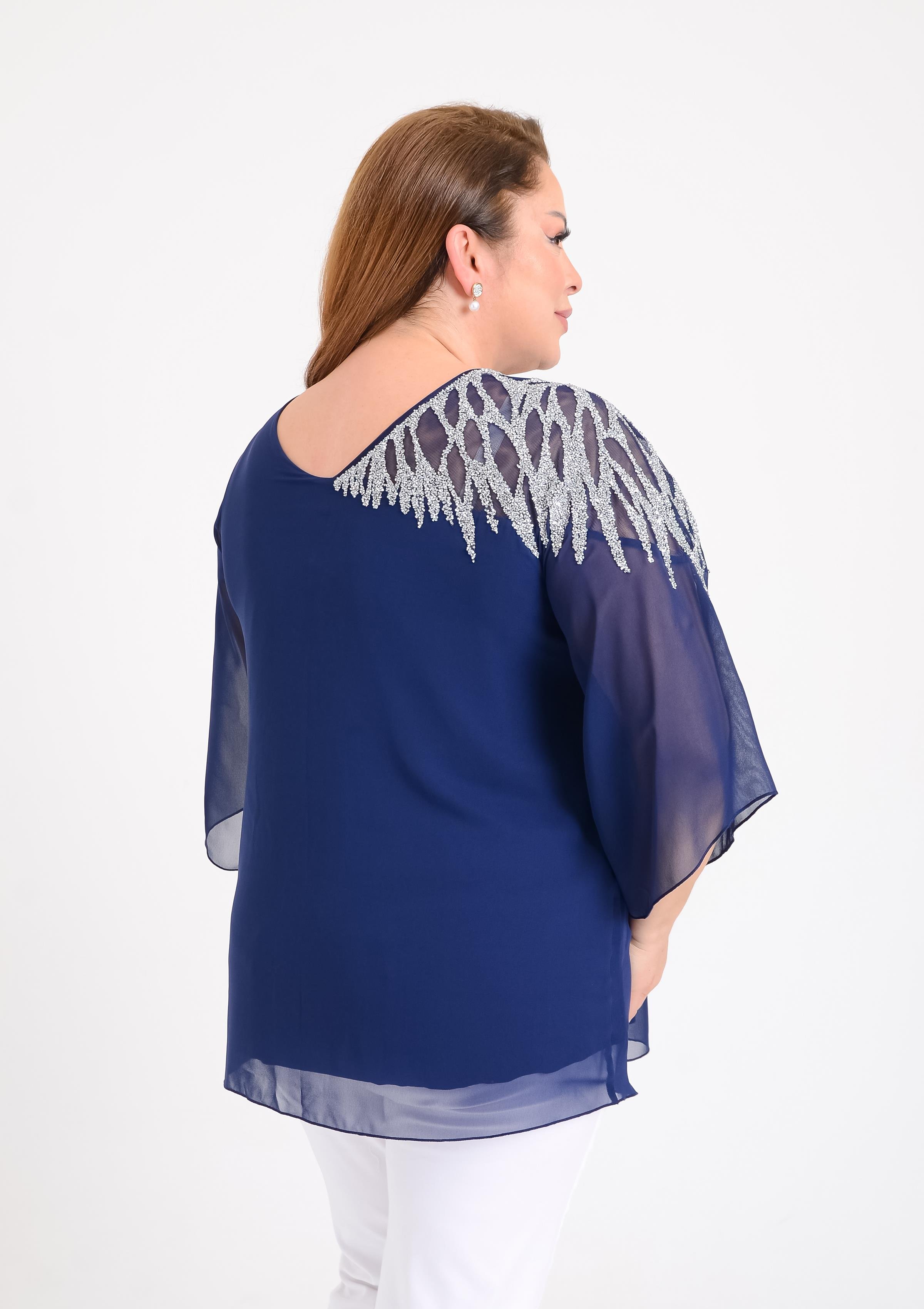 Büyük Beden Lacivert Renkli Şifon V Yaka Abiye Bluz