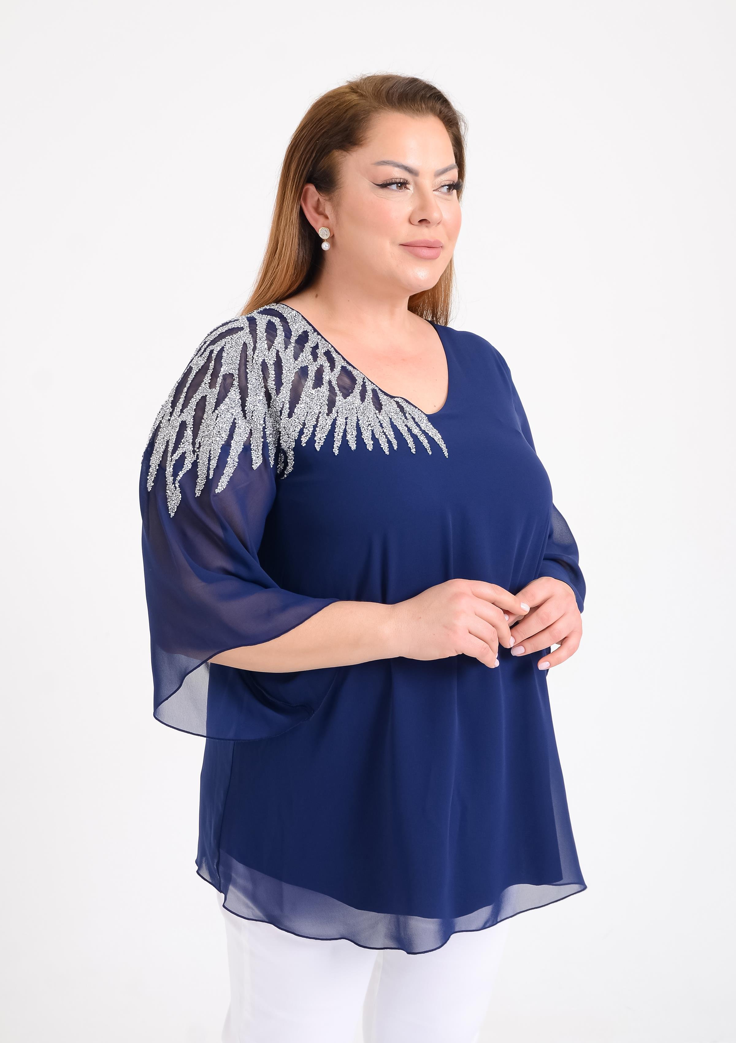 Büyük Beden Lacivert Renkli Şifon V Yaka Abiye Bluz