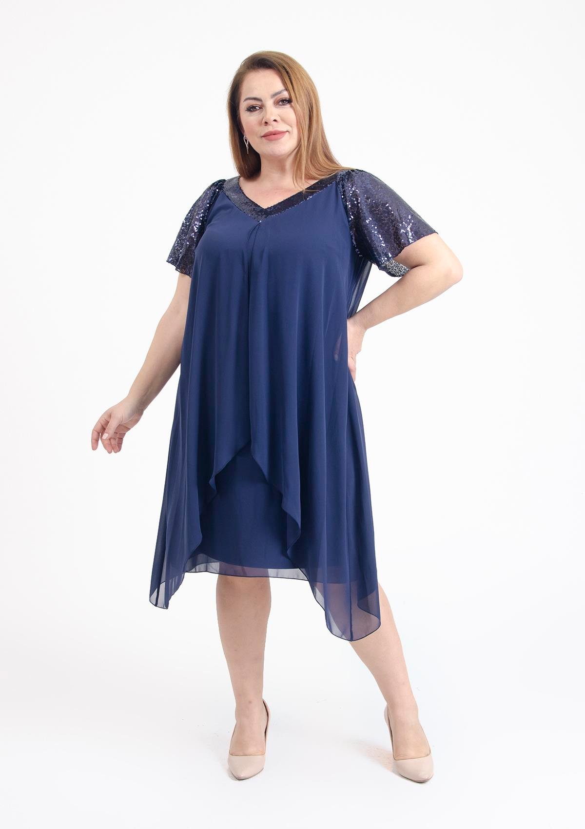 Büyük Beden Lacivert Renkli V Yakalı Pul Payet Detaylı Şifon Kısa Abiye Elbise