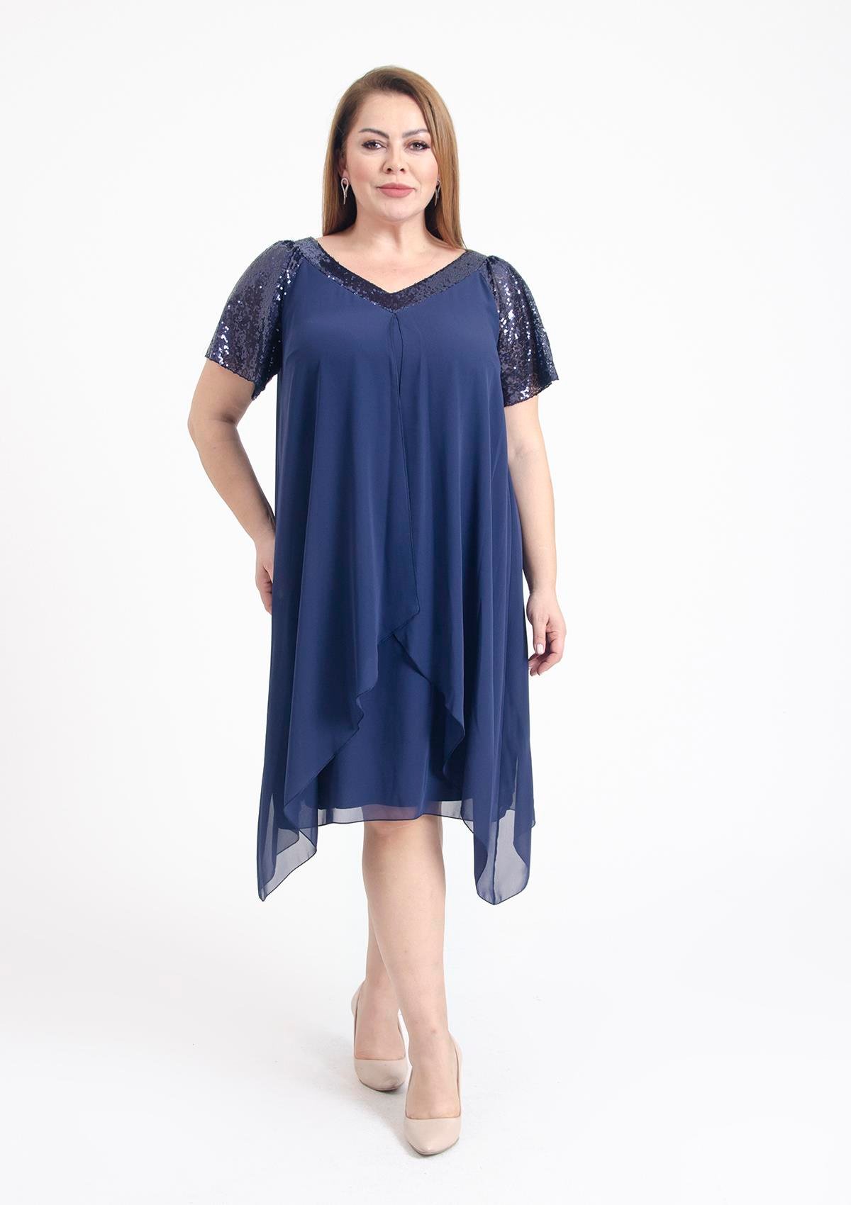 Büyük Beden Lacivert Renkli V Yakalı Pul Payet Detaylı Şifon Kısa Abiye Elbise