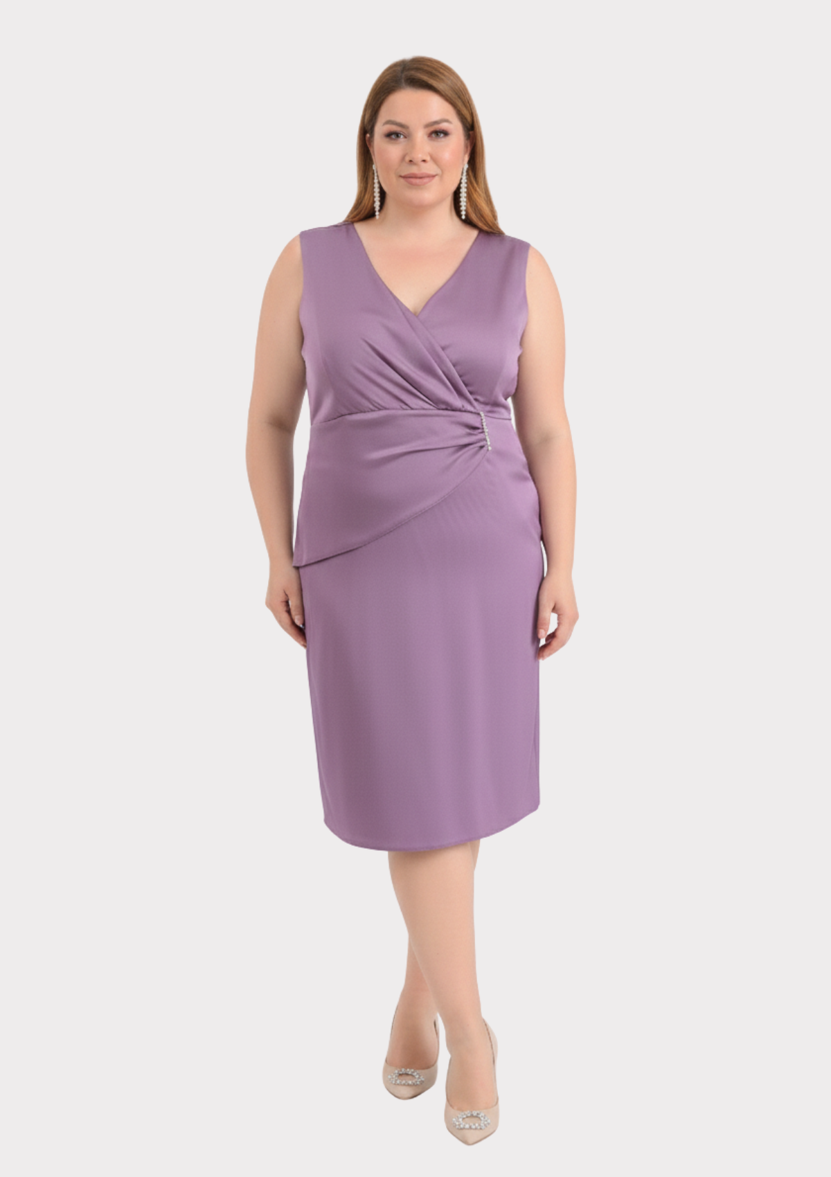 Büyük Beden Lavanta Renkli Kruvaze Yaka Kısa Abiye Elbise