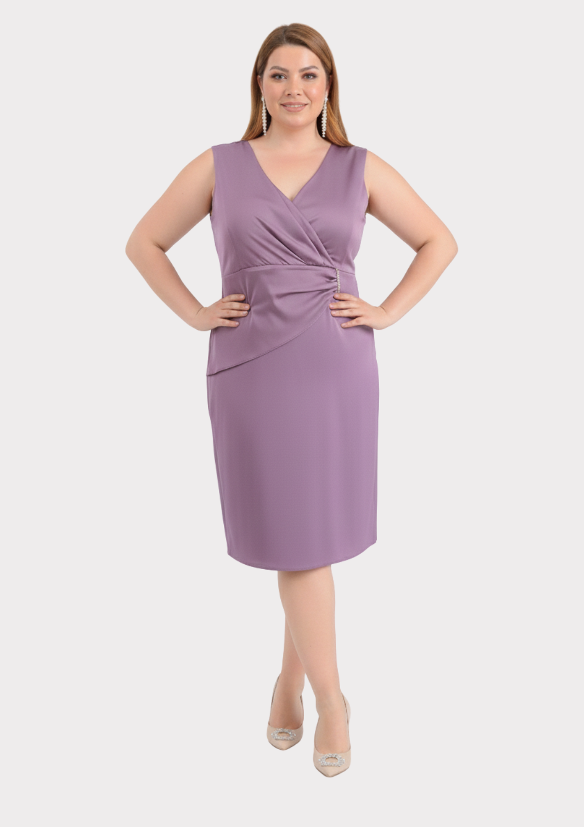 Büyük Beden Lavanta Renkli Kruvaze Yaka Kısa Abiye Elbise