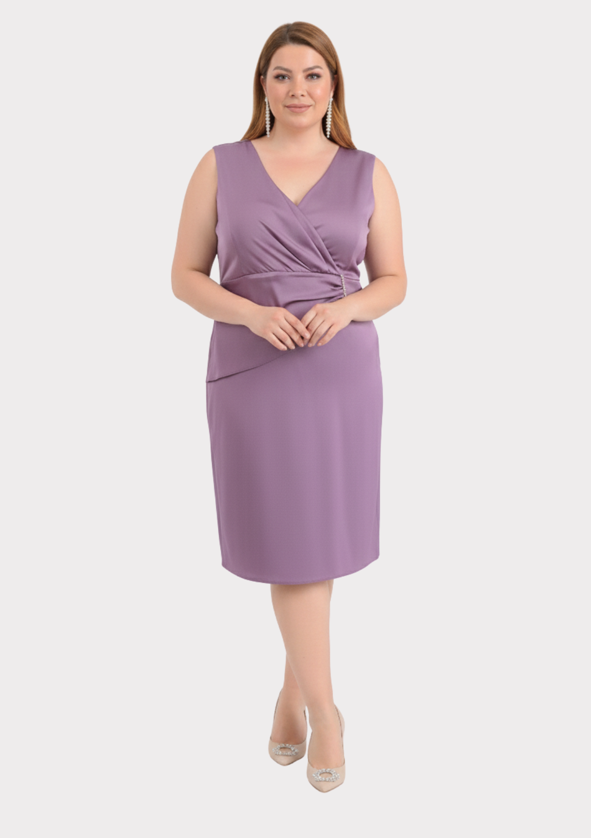 Büyük Beden Lavanta Renkli Kruvaze Yaka Kısa Abiye Elbise