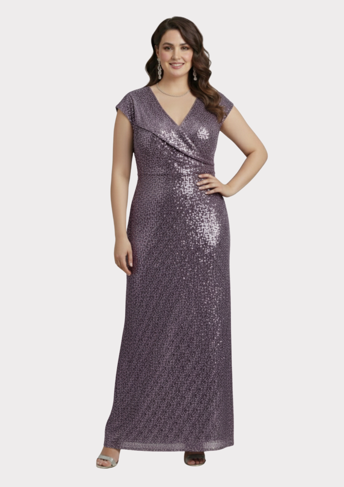 Büyük Beden Lavanta Renkli Payetli Likralı Uzun Abiye