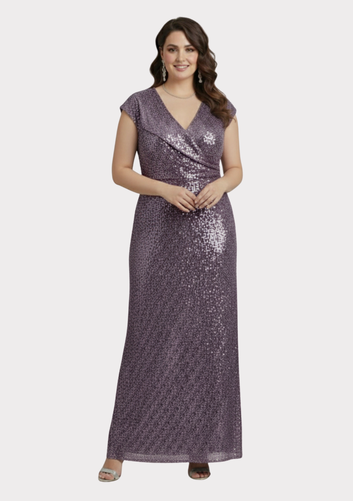 Büyük Beden Lavanta Renkli Payetli Likralı Uzun Abiye