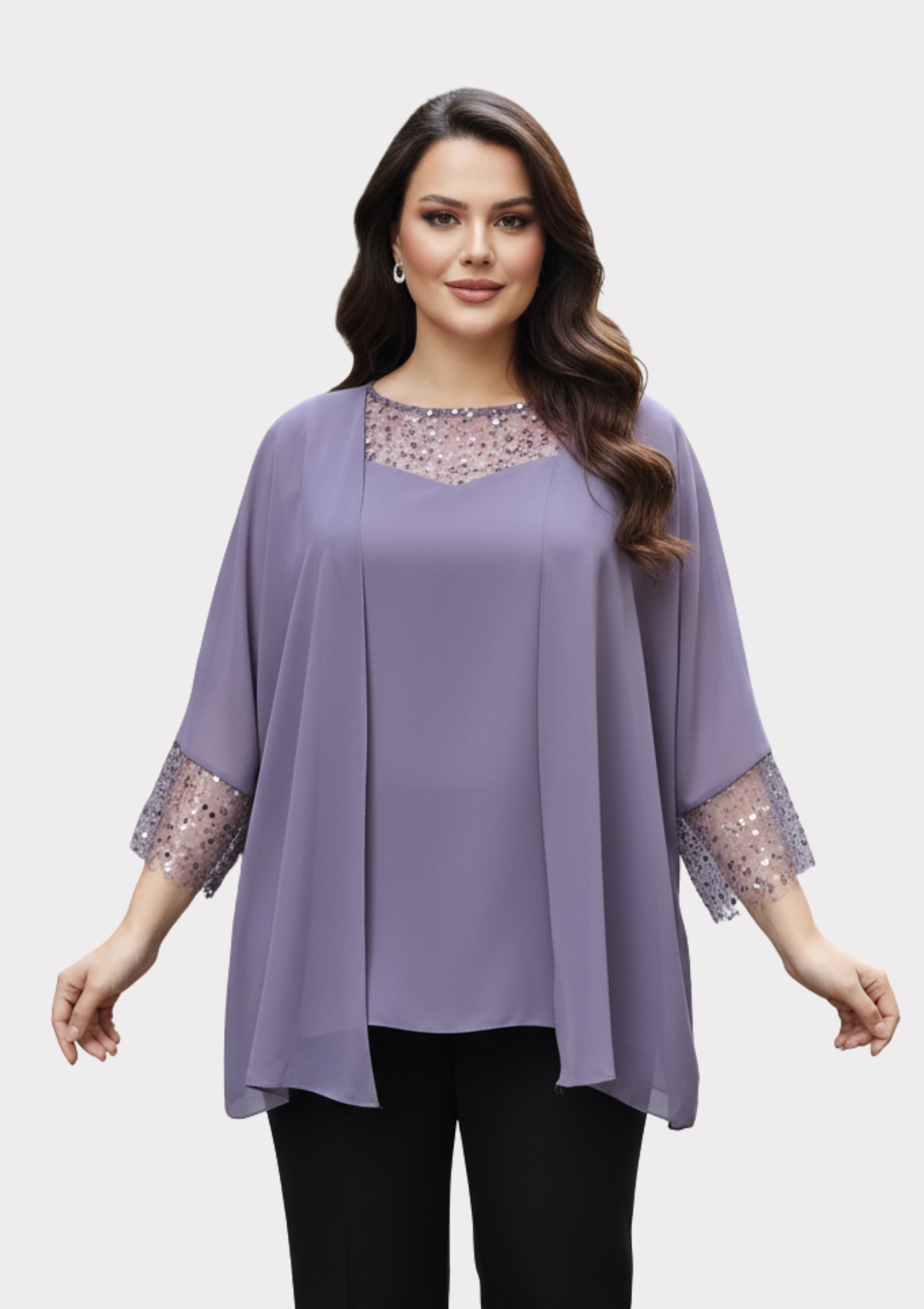 Büyük Beden Lavanta Renkli Şifon Ceketli Abiye Bluz