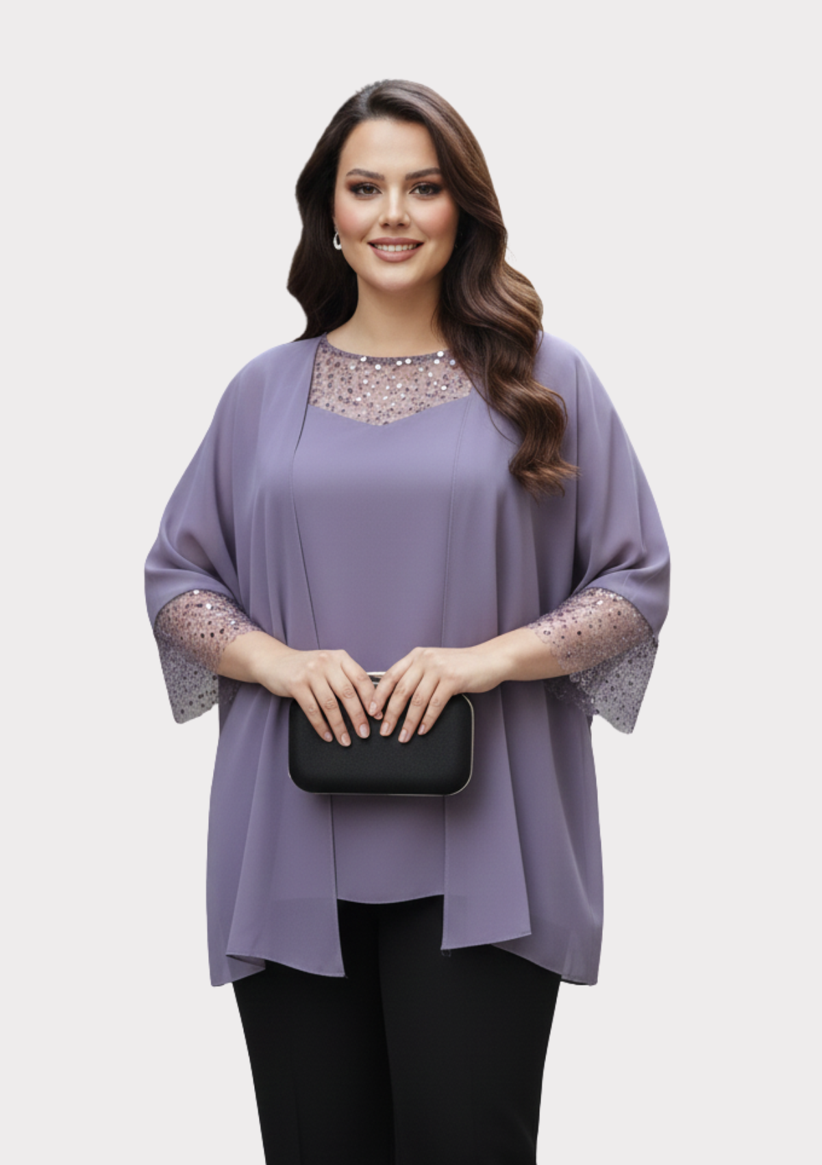 Büyük Beden Lavanta Renkli Şifon Ceketli Abiye Bluz