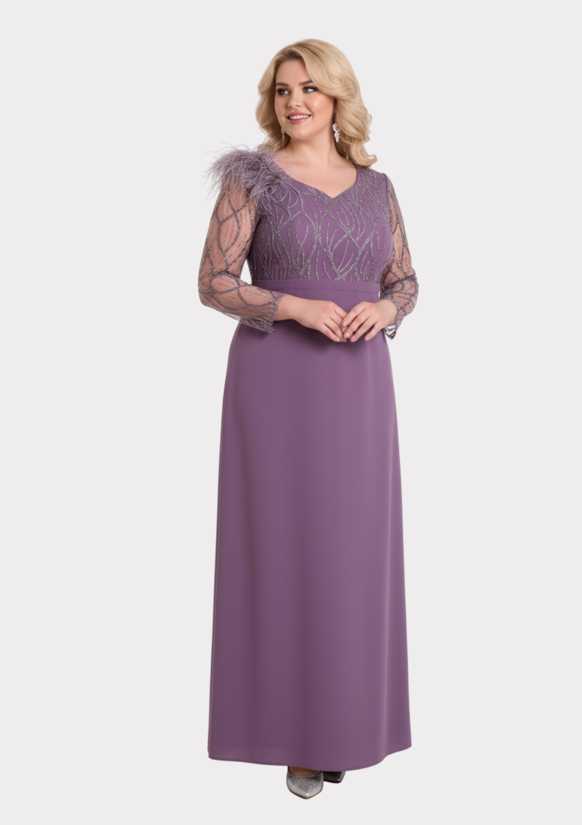 Büyük Beden Lavanta Renkli Uzun Abiye Elbise