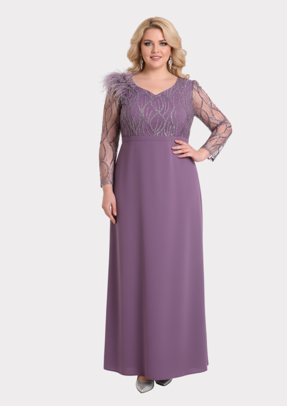 Büyük Beden Lavanta Renkli Uzun Abiye Elbise