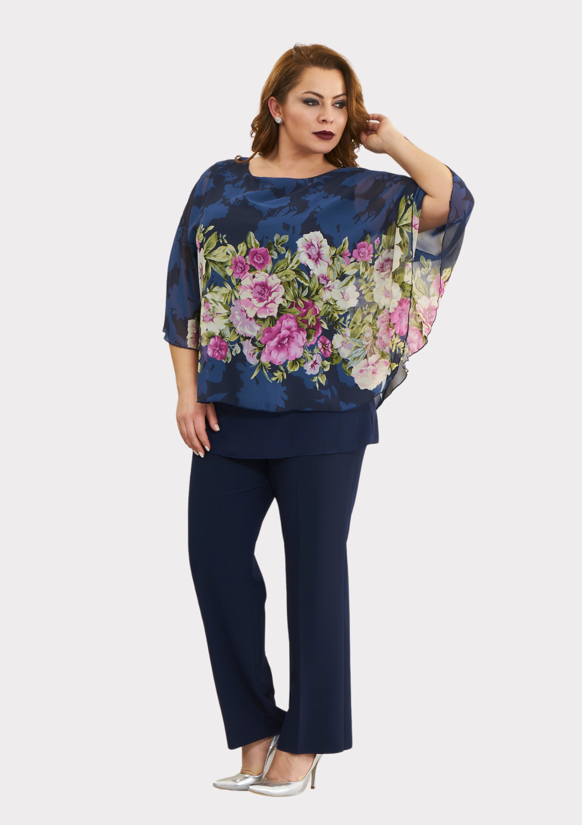 Büyük Beden Lila Çiçek Renkli Yarasa Kol Şifon Bluz