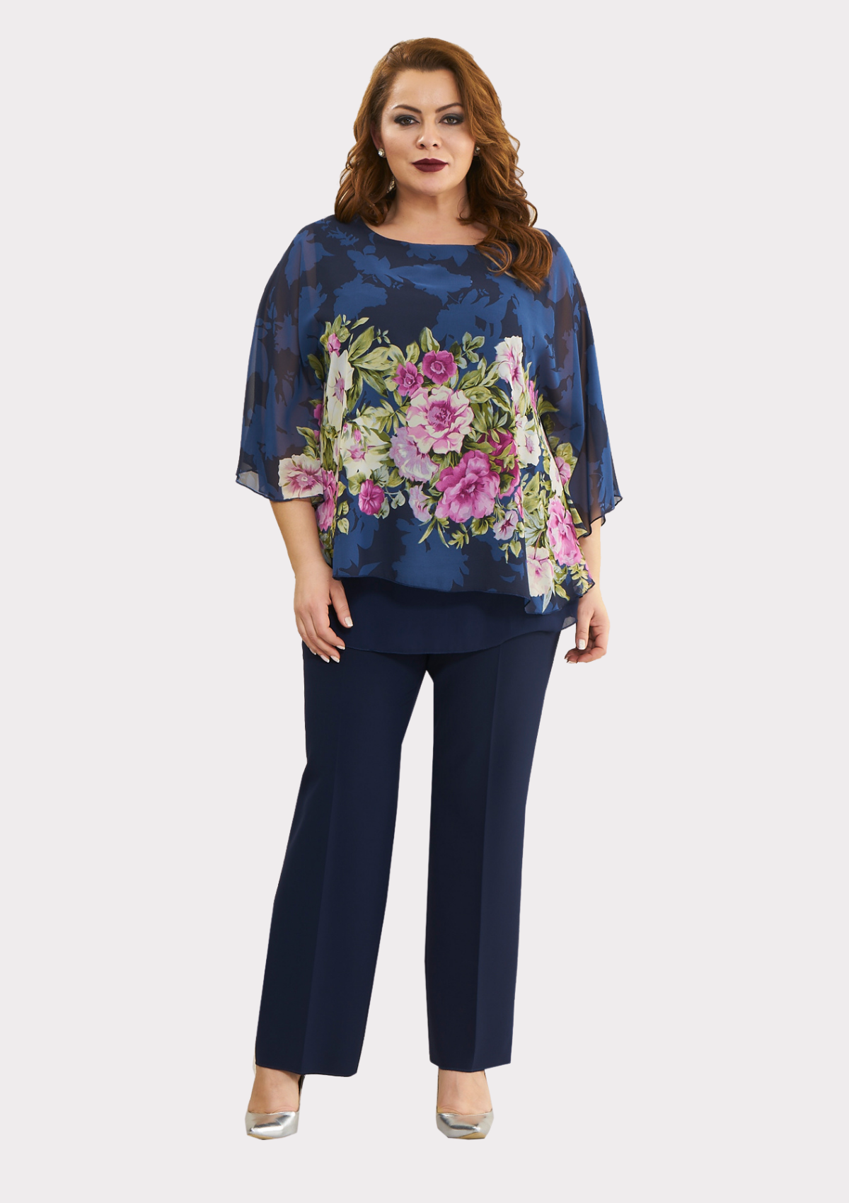 Büyük Beden Lila Çiçek Renkli Yarasa Kol Şifon Bluz