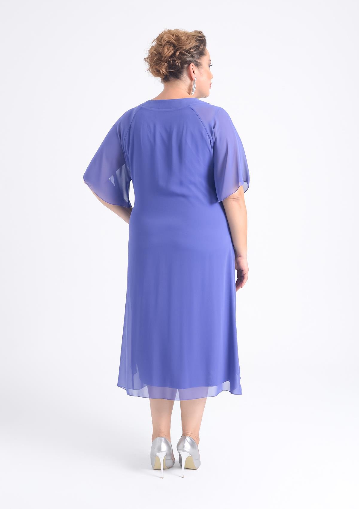 Büyük Beden Lila Renkli Taş Baskılı Kısa Abiye Elbise