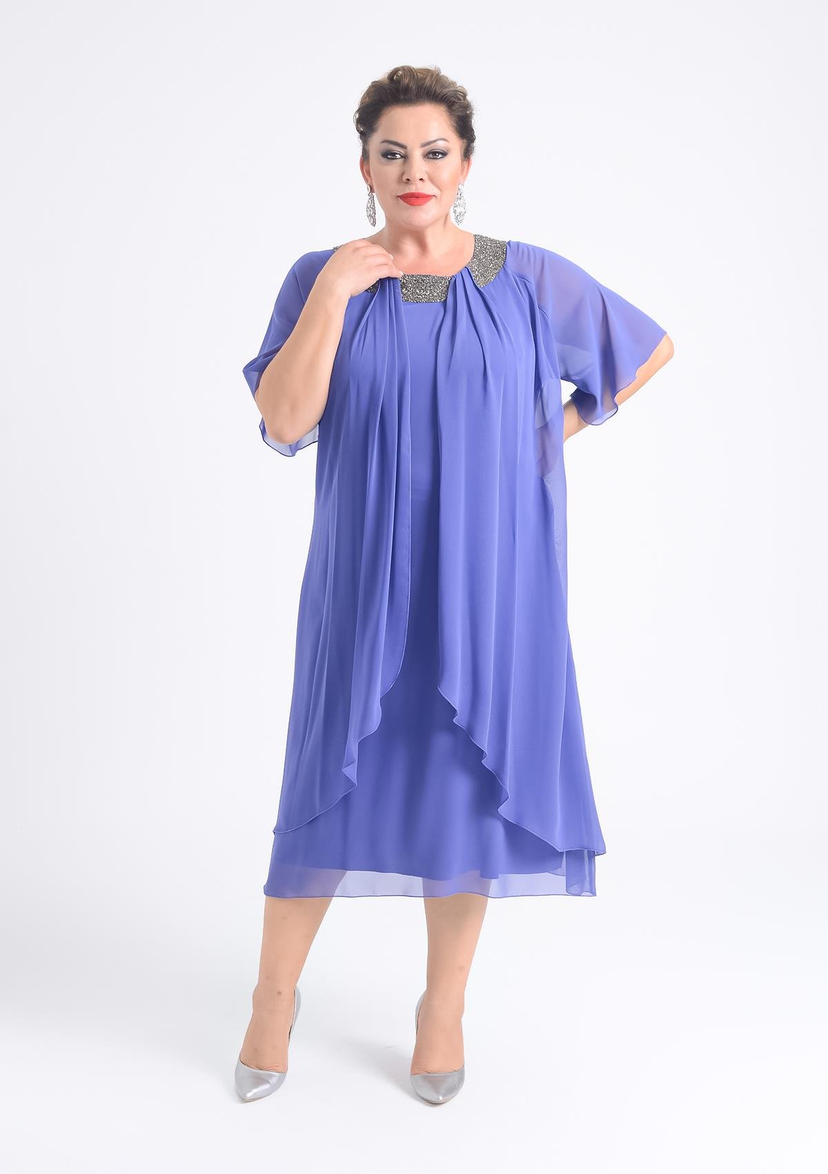 Büyük Beden Lila Renkli Taş Baskılı Kısa Abiye Elbise