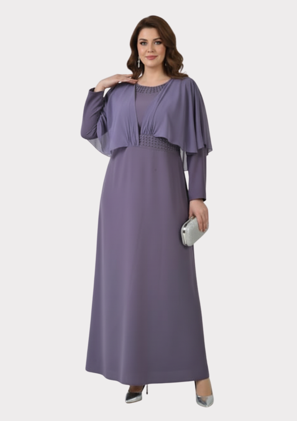 Büyük Beden Lila Renkli Uzun Kollu Şifon Abiye Elbise